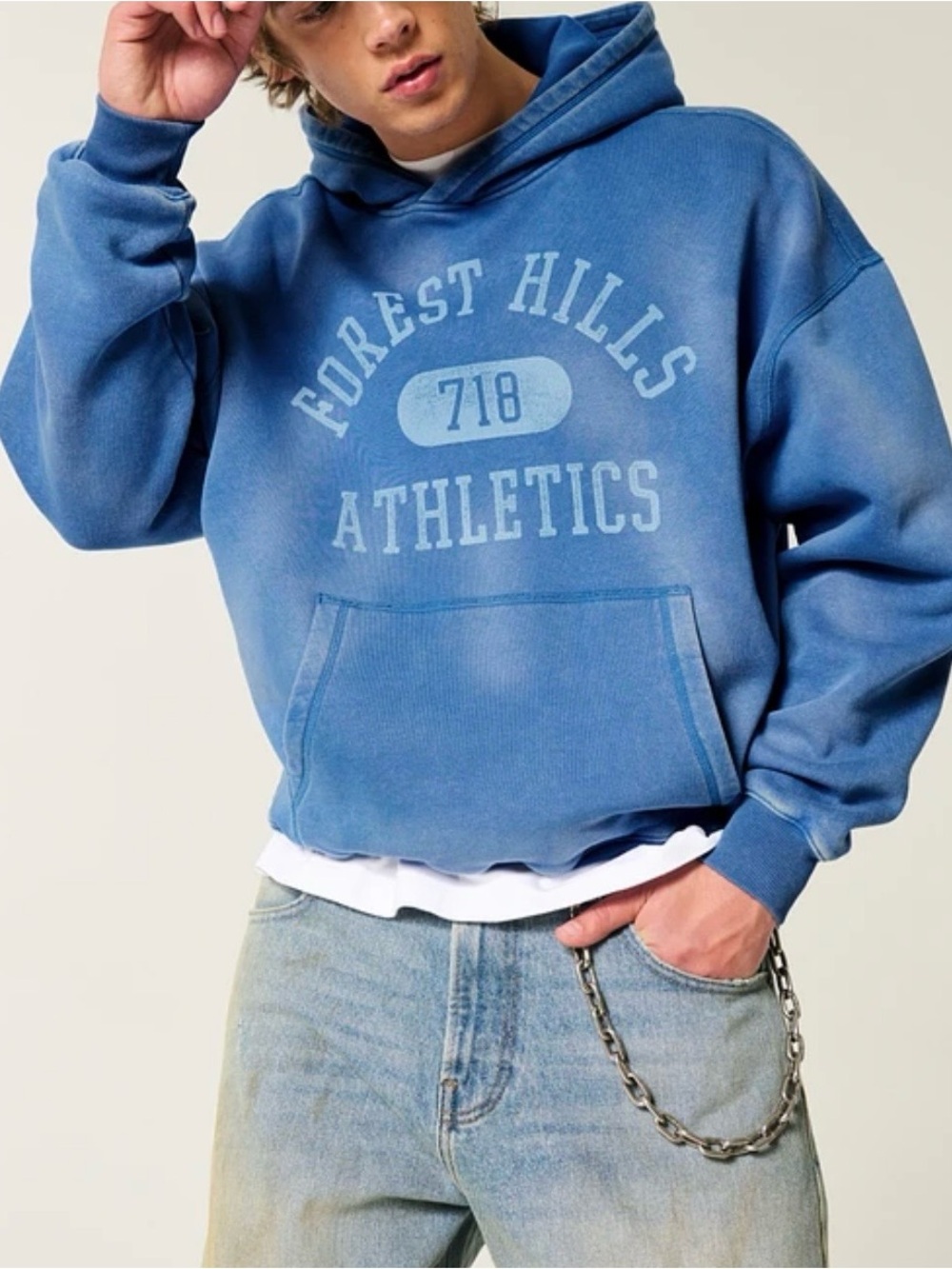 Hollister Baggy Cinch Washed Forest Hills Athletics Hoodie - Blue - L - Picture 3 of 9
